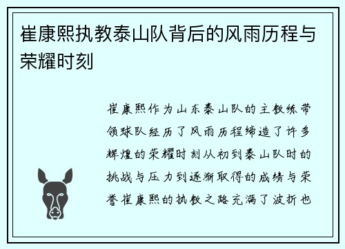 崔康熙执教泰山队背后的风雨历程与荣耀时刻
